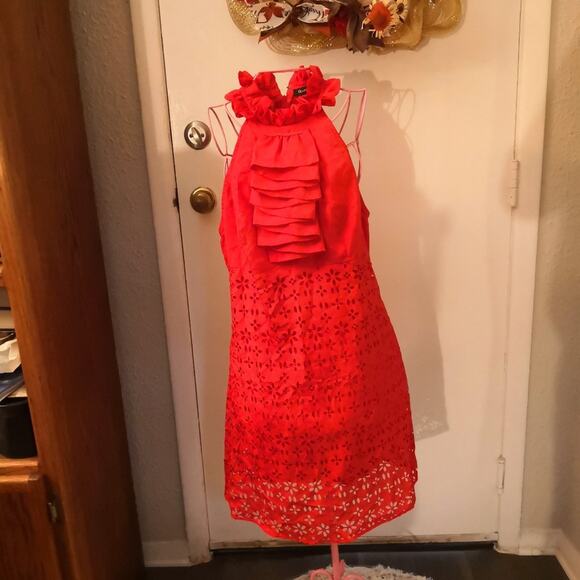 Double Zero Red Embroidered Ruffle Tier Halter Dress L Balletcore Cherry Girl - Picture 2 of 7